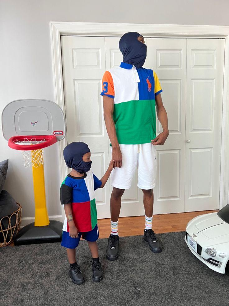 Black Dad and Son Playing Basketball Wearing Matching Proud Dad Shirts