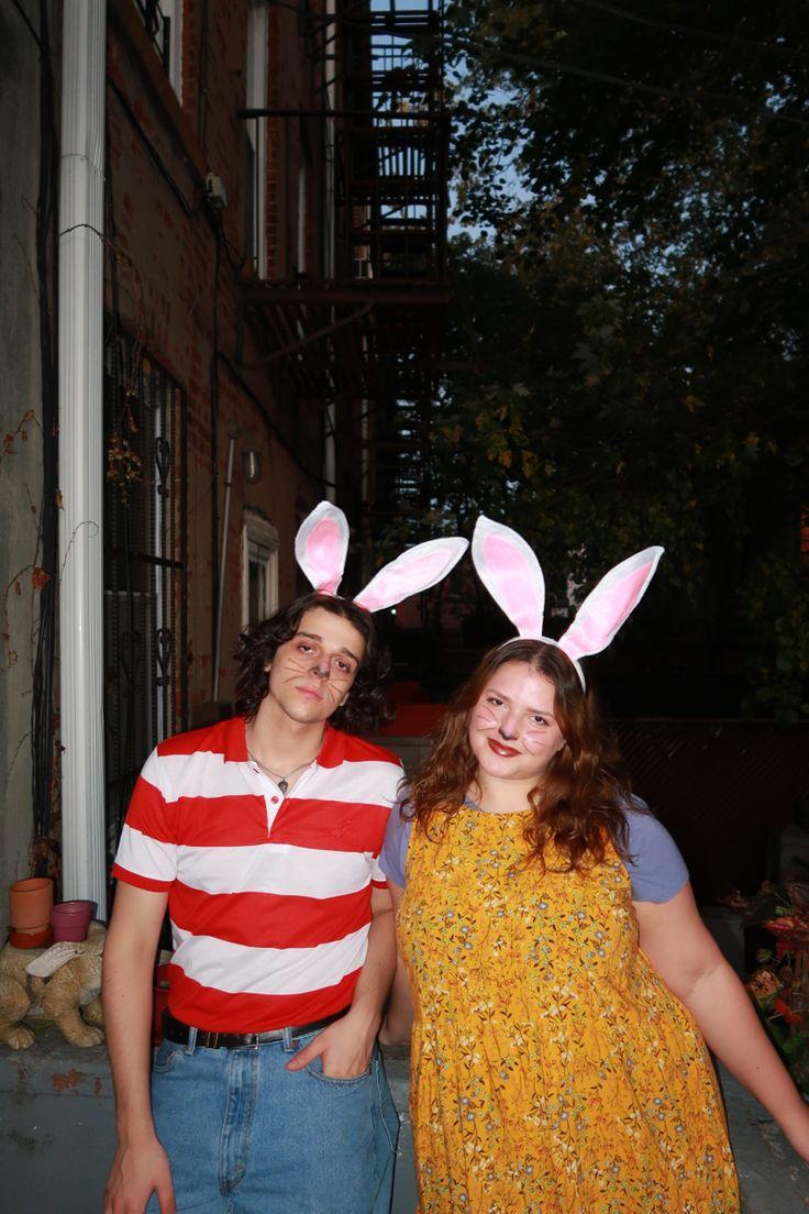 Brother and Sister Wearing Matching Shirts with Bunny Ears
