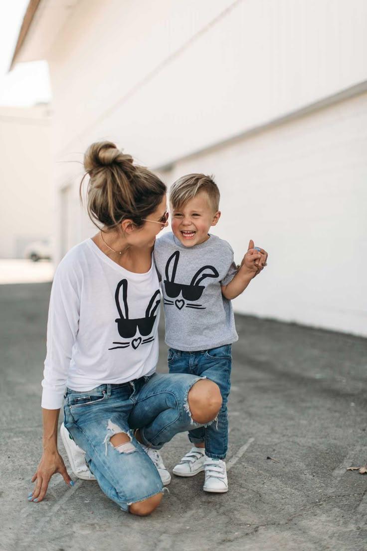 Dad and son wearing matching Easter bunny shirts
