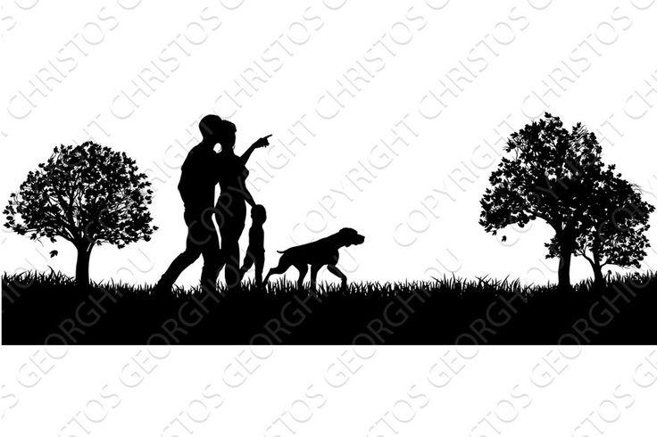 family walking with dog in park