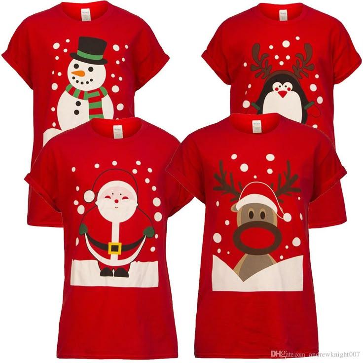 Father and son wearing matching Santa Claus Christmas shirts
