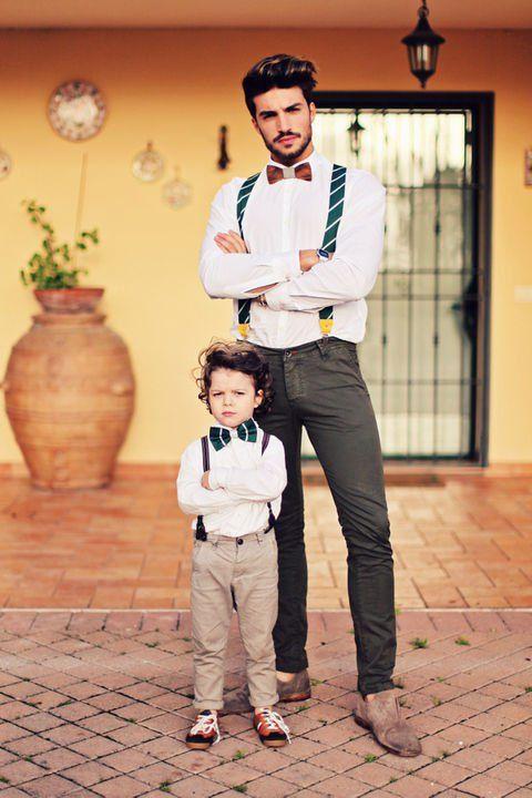 Father and son wearing matching bunny shirts