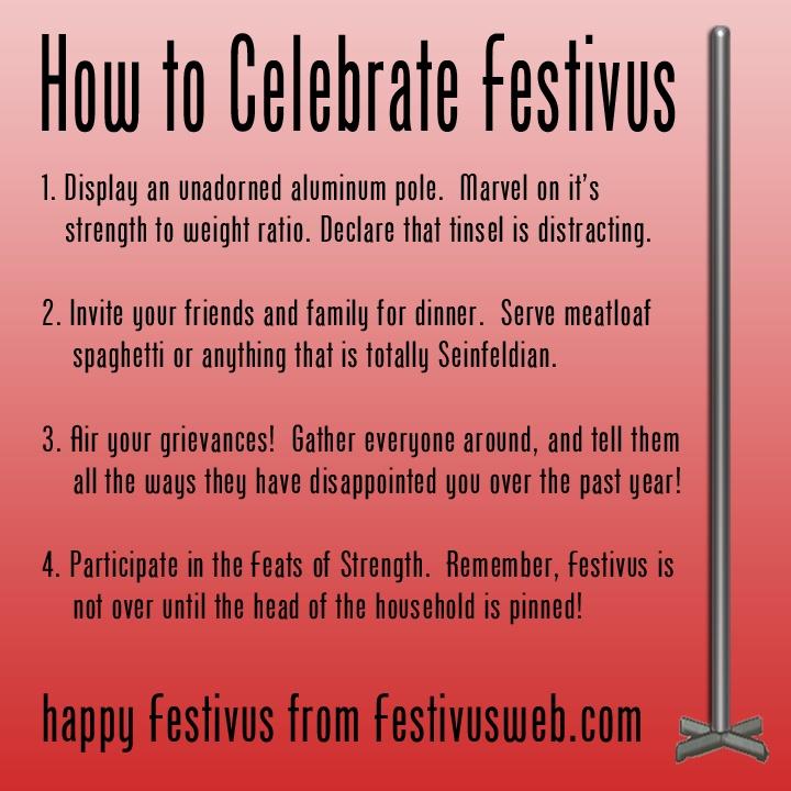 family celebrating festivus around aluminum pole