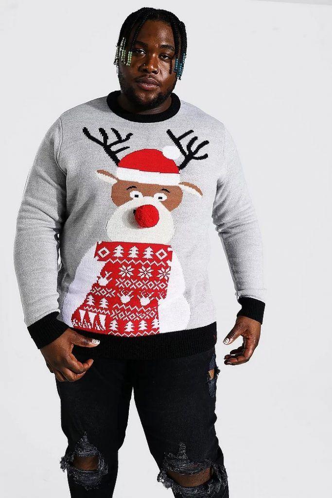 Man Wearing Big and Tall Ugly Christmas Sweater 4XLT with Jeans