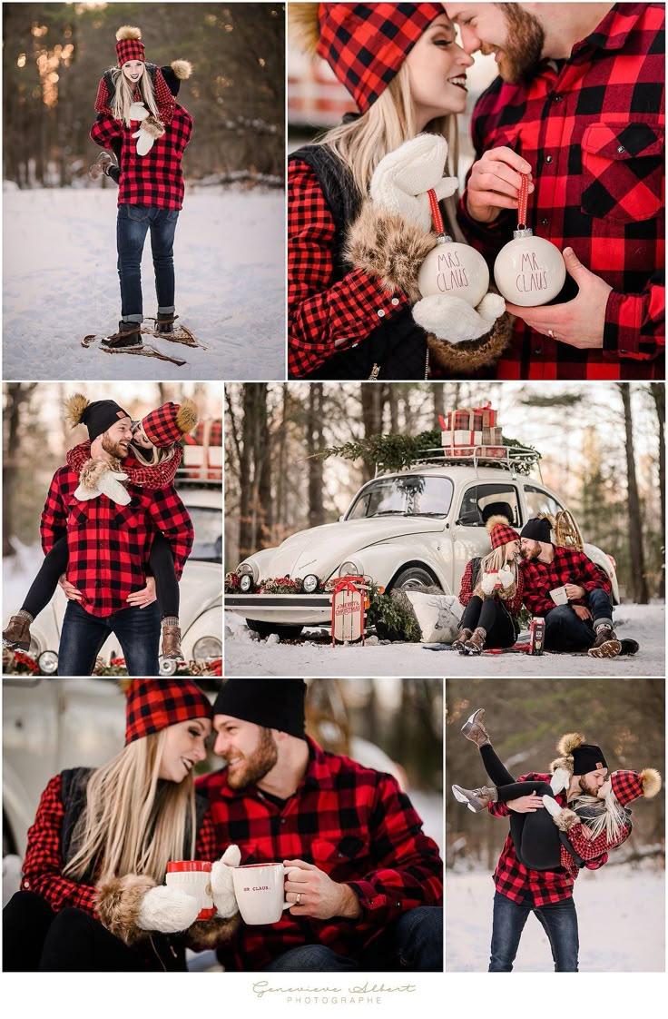 Couple wearing matching Christmas hoodies outdoors winter
