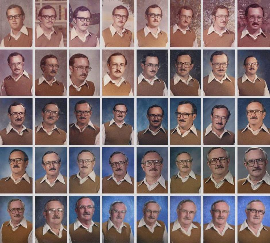 teacher smiling wearing same shirt for school picture day