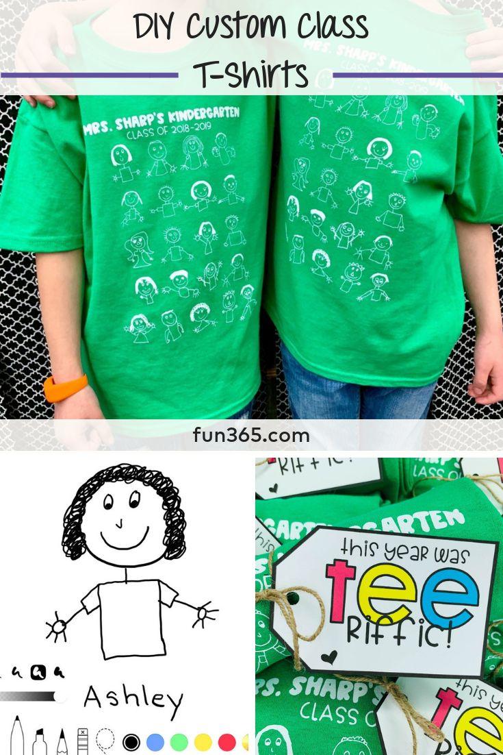 Teacher wearing custom end of year shirt with students signatures