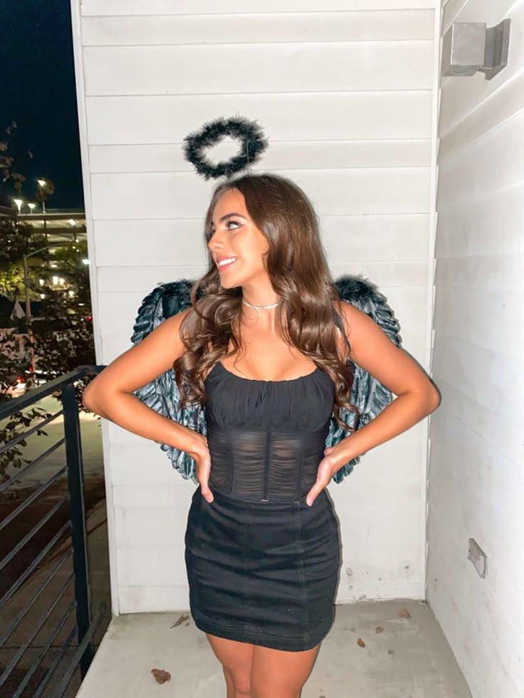 Woman Wearing Adult Black Angel Costume Halloween