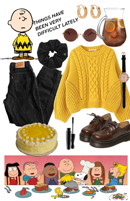 Woman Wearing Charlie Brown Thanksgiving Shirt and Jeans