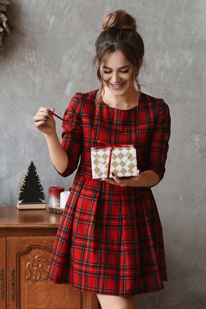 womens long sleeve christmas top in red and black plaid pattern