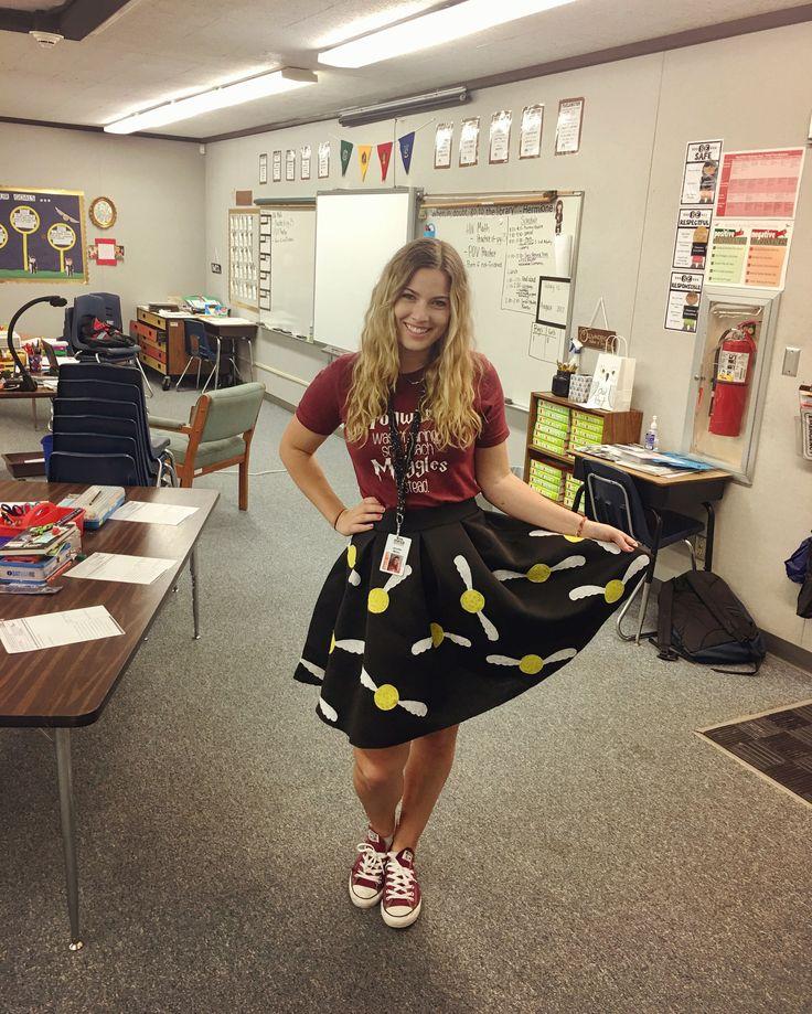 teacher wearing harry potter shirt in classroom
